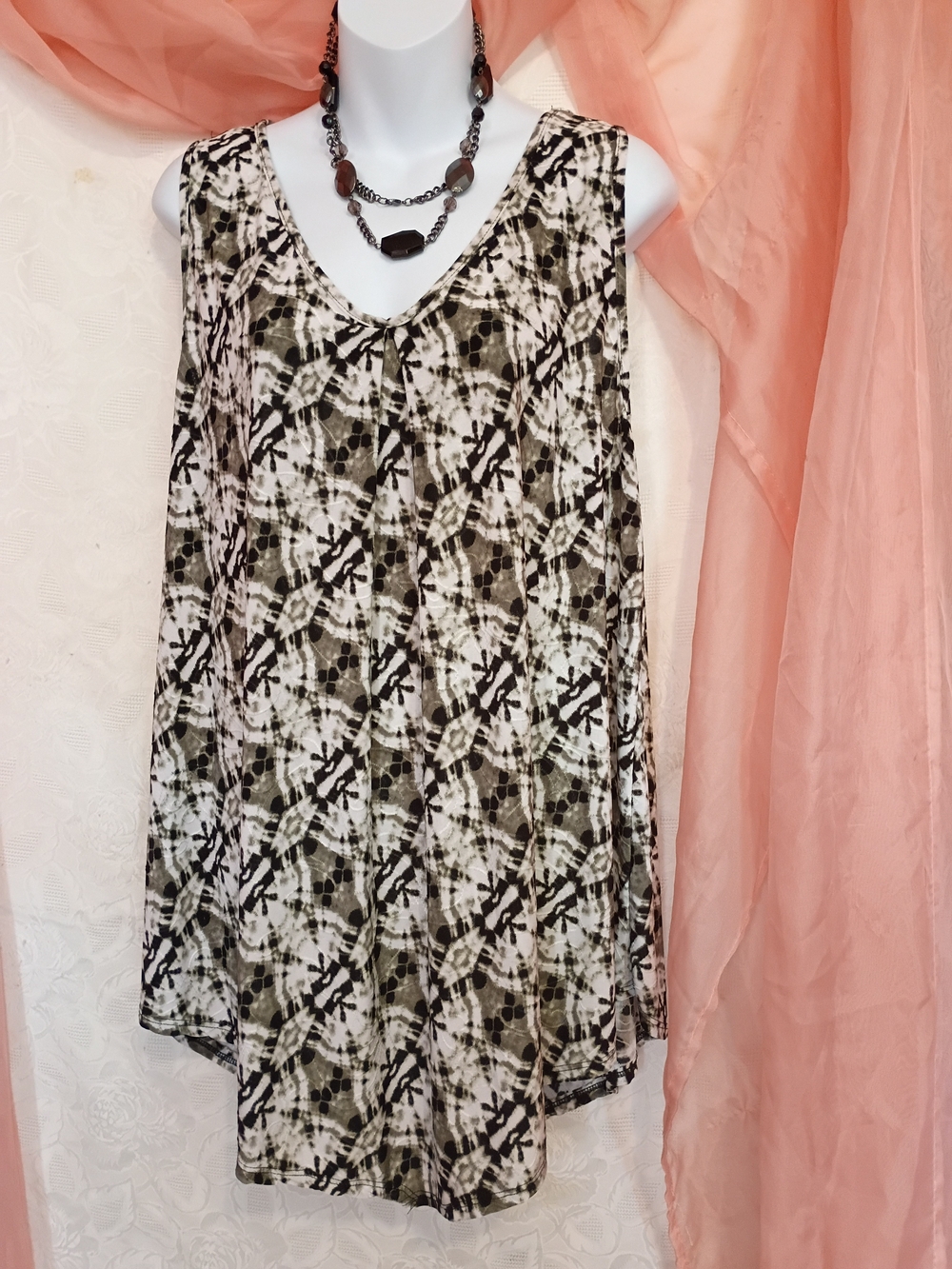 Amana Ladies Sleeveless V-Neck Tie-Dye Tunic Top in Black and Olive Sz 3X